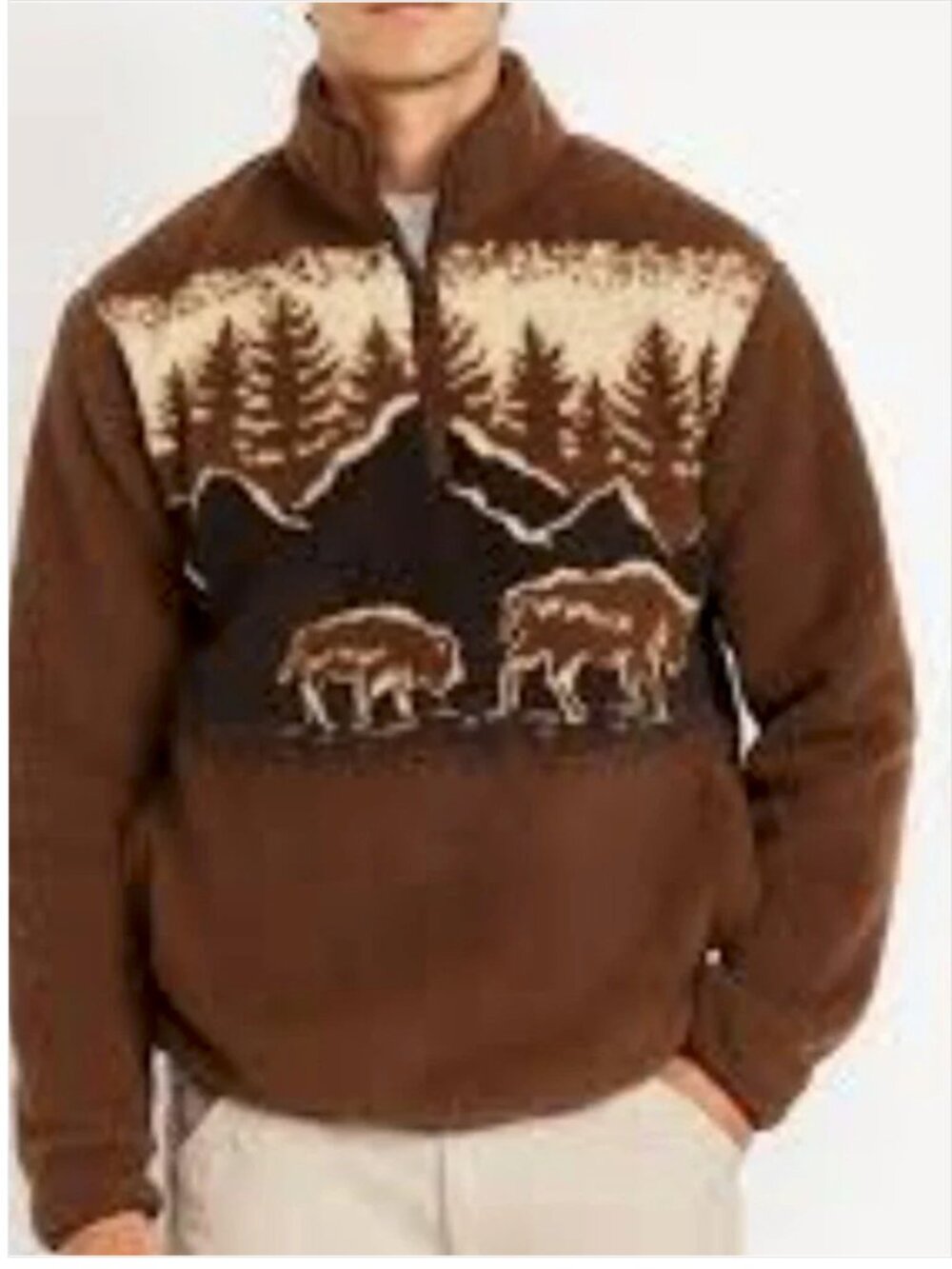 Old Navy Brown Sherpa Pullover Men's Bisons Landscape Print size M